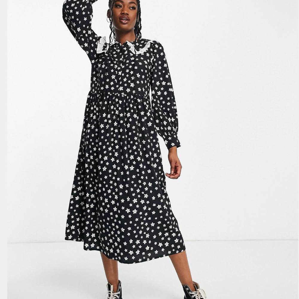 New Look Midi Dress, Polka Dot Ruffle Collar Size US 6 NWT
